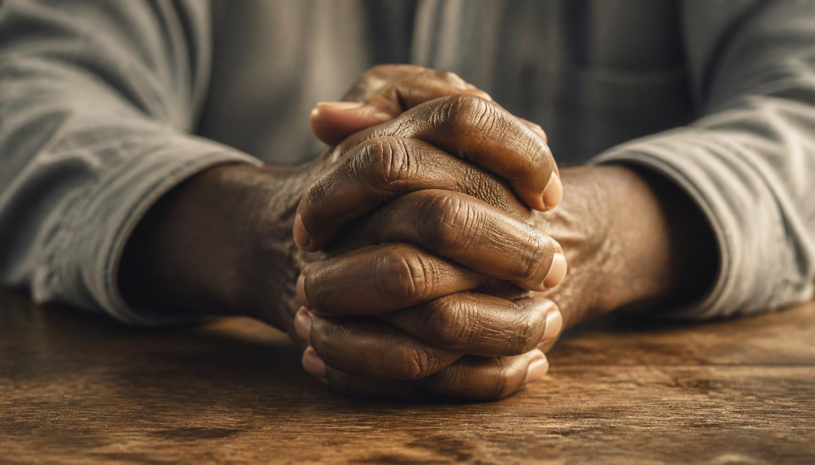 The clasped hands of an older man resting on a wooden table in prayer