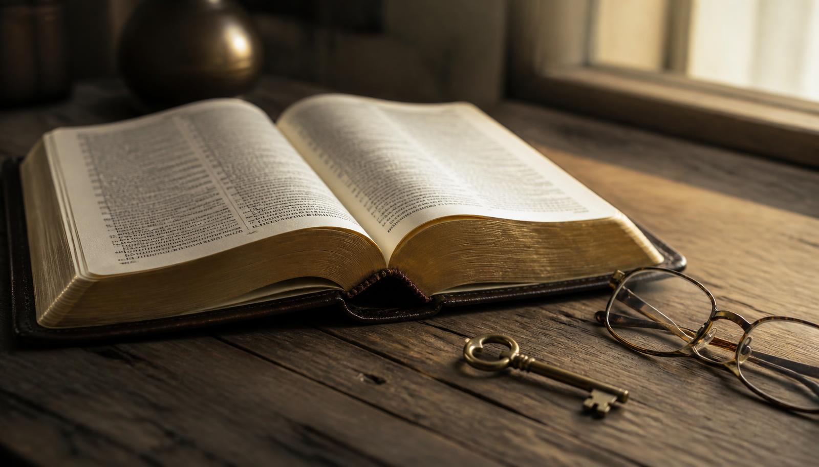 An open Bible on a worn wooden table in warm window light