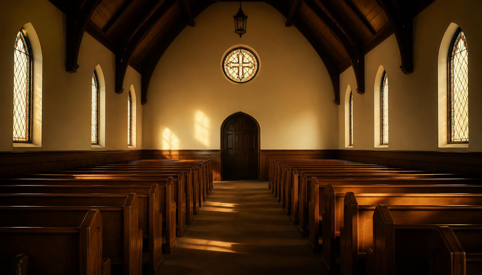 An empty church sanctuary with wooden pews in morning light